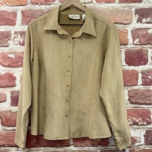 Lemon Grass Studio Top Shirt Women's XL Tan Faux Suede Career Casual Button Up